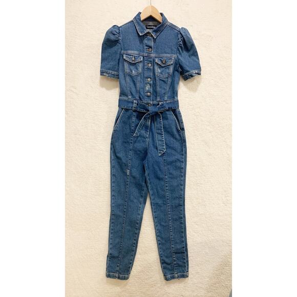 Retrofete Tori Denim Jumpsuit Size Medium Short Puff Sleeve Button Front w Belt - Picture 2 of 12